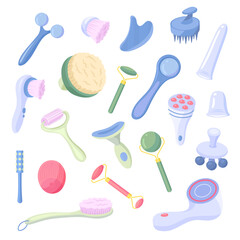 Sticker - Cartoon Color Different Massage Tools Set Flat Design Style Include of Facial Roller and Massager. Vector illustration