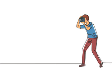 Poster - Single continuous line drawing photographer taking photo pose. Camera and professional operator, correspondent man. Male with camera making pictures. One line draw graphic design vector illustration
