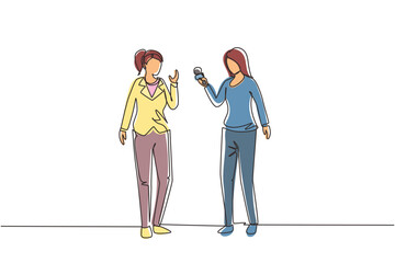 Poster - Single one line drawing business woman giving an interview in the presence of journalist with dictaphone. Female tv reporter interviewing questions. Continuous line draw design vector illustration