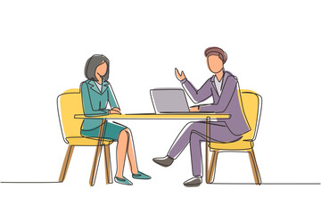 Poster - Continuous one line drawing interview. Live stream, tv show camera crew. Journalist talking to guest. Broadcaster news at tv studio, vlogging. Single line draw design vector graphic illustration