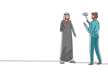 Poster - Single continuous line drawing Arab presenter filming video blog with operator. Man blogger, journalists filming with professional smartphone and videographer. One line draw design vector illustration