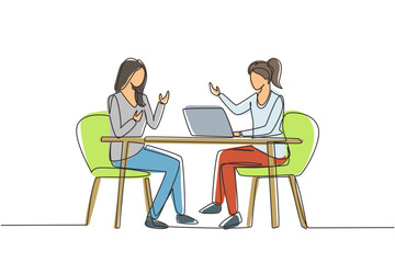 Poster - Single one line drawing TV show with guest. Female celebrity giving interview to television presenter in studio, journalist asking famous woman host. Continuous line draw design vector illustration