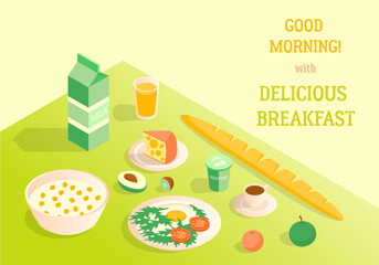 Sticker - Cartoon Color Good Morning with Delicious Breakfast Ingredients Concept Poster Invitation Flat Design Style. Vector illustration