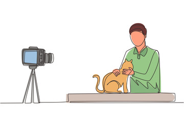 Poster - Single one line drawing teenage pet blogger. Teen boy with cat recording video on camera. Hobbies and leisure, blogging about pet, animal lover. Continuous line draw design graphic vector illustration