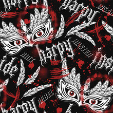 Pattern With Scary Masquerade Mask, Feathers, Red Eyes Behind, Text Harpy Inside. Concept Of Insane Rebellious Character, Inner Strenght For Prints, Tattoo, Clothing, T Shirt Design. Trash Polka Style