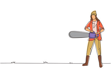 Poster - Continuous one line drawing woman worker using chainsaw. Wearing suspender shirt, jeans, beanie hat and boots. Professional lumberjack pose cutting tree by chainsaw. Single line draw design vector