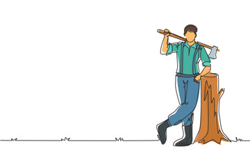 Wall Mural - Single one line drawing lumberjack lean on the wood log. Wearing shirt, jeans and boots. Holding on his shoulder a ax. Lumberjack pose on the logging forest. continuous line draw design graphic vector