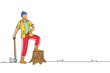 Canvas Print - Single continuous line drawing lumberjack wearing plaid shirt, jeans, boots and beanie hat. Standing with ax and posing with one foot on a tree stump. One line draw graphic design vector illustration