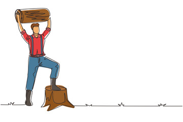 Poster - Single one line drawing smiling lumberjack man holding downed log. Wearing suspender shirt, jeans and boots, posing with one foot on tree stump. Continuous line draw design graphic vector illustration