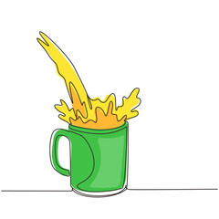 Poster - continuous one line drawing pouring orange juice glass into a glass mug. pouring fresh orange juice 