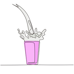 Wall Mural - Single continuous line drawing milk pouring into glass creating splashes. Splashing milk in a glass. Milk splash in a glass. Dairy poured into glass. One line draw design graphic vector illustration