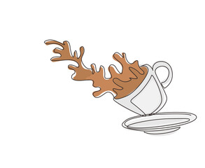 Poster - Single continuous line drawing coffee splashing out of cup. Cup of tea with tea and splashes. Splash of tea in the falling cup. Splash coffee in white cup. Dynamic one line draw graphic design vector