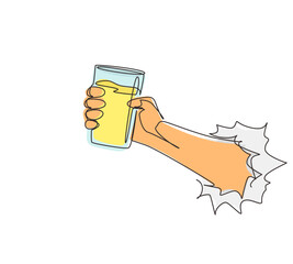 Poster - Continuous one line drawing hand holding glass with lemonade fruit juice through torn white paper. Drink made of fresh lemon juice. Juicy orange water. Relaxing time. Single line draw design vector