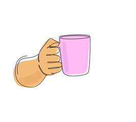 Poster - Continuous one line drawing hand holds a hot chocolate mug by the handle. Relax time in the morning. Human hand is holding a ceramic cup with coffee or tea. Single line draw design vector illustration
