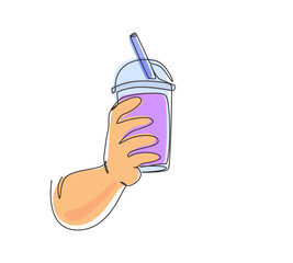 Poster - Continuous one line drawing hand holding plastic cup of famous Taiwanese bubble tea. Brown sugar flavor tapioca pearl bubble milk tea with glass straw. Single line draw design vector illustration