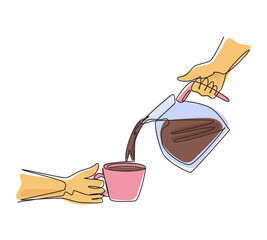 Poster - Continuous one line drawing man is pouring hot black coffee from coffee pot into cup on in the morning. Brewing coffee at home. Stainless steel pot. Morning routine. Single line draw design vector