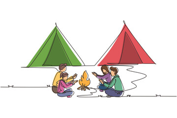 Poster - Single one line drawing two couple camping around campfire tents. Group of man woman warm their hands near bonfire sitting on ground. Wild nature trip. Continuous line draw design vector illustration