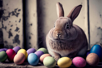 Wall Mural - Easter bunny with colorful easter eggs. Picture for holiday, cards or printing created with generative AI