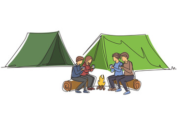 Poster - Single continuous line drawing happy two pair man and woman getting warm near campfire. Group of people camping drinking tea sitting on logs in forest. One line draw graphic design vector illustration