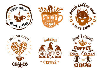Coffee sign with quotes. Set of coffee symbols. Cafe emblem designs. Coffee badge.