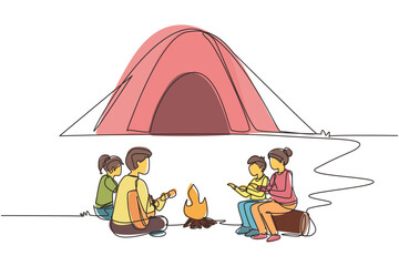 Poster - single one line drawing camping family warm their bodies around campfire tents. dad playing guitar, 