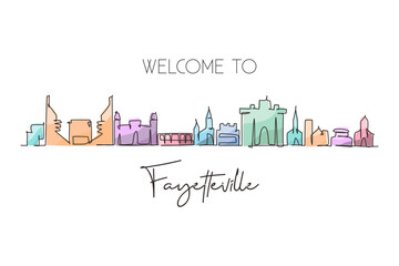 Poster - Single one line drawing Fayetteville skyline, Arkansas. Famous city scraper landscape. World travel home wall decor art poster print concept. Continuous line draw design graphic vector illustration