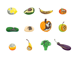 Poster - Cartoon Color Different Waste Damaged Food Set Flat Design Style Include of Banana and Apple. Vector illustration