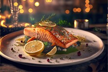 grilled salmon fillet in luxury restaurant AI