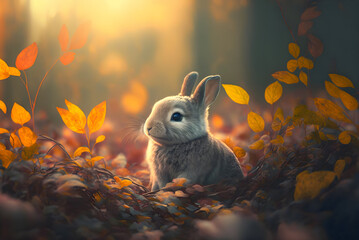 Beautiful small rabbit siting on the orange leaves in the forest