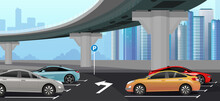 Urban Car Parking Area Under Bridge. Downtown Cityscape With Colorful Cars, Skyline City Office Buildings On Background. Vehicles Parked Under Highway Road. Automobile In Park Lot. Vector Illustration
