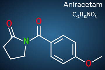 Sticker - Aniracetam molecule. It is nootropic drug used to ameliorate memory, attention disturbances. Structural chemical formula on the dark blue background.