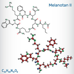 Sticker - Melanotan II molecule. It is synthetic analogue of the peptide hormone, stimulates melanogenesis and increases sexual arousal. Structural chemical formula, molecule model.