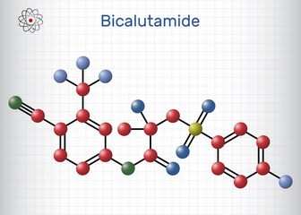 Sticker - Bicalutamide molecule. It is nonsteroidal anti-androgen for prostate cancer. Structural chemical formula, molecule model. Sheet of paper in a cage