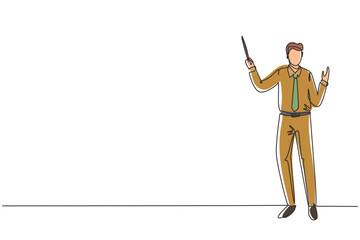 Poster - continuous one line drawing school teacher. man in tidy shirt, tie and standing with pointer. lectur