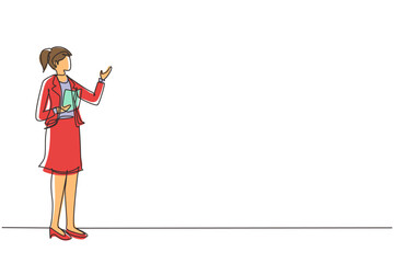 Poster - single one line drawing woman teacher, professor standing in front of classroom teaching student at 