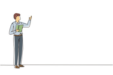 Poster - continuous one line drawing man teacher, professor standing in front of classroom teaching student a