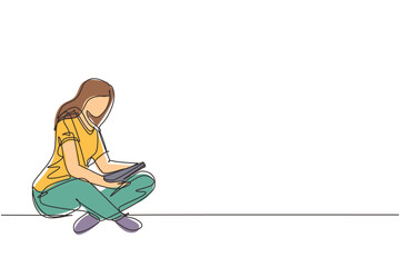 Poster - Single continuous line drawing cute lady sitting on floor, reading book. Adorable young woman spending weekend at home. Leisure activity, repose, relaxation. One line draw design vector illustration