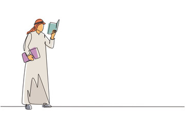 Poster - continuous one line drawing young arabian man stands and holds book in his hands. guy reading book. 