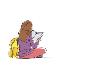 Poster - Single continuous line drawing education. Back view woman sitting on floor reading book. College student prepare to exam, back to school gaining knowledge. One line draw design vector illustration