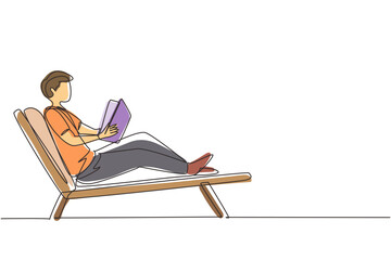 Poster - single one line drawing reclined man reading book in lounge chair. chill out time with good story co