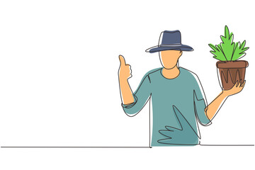 Wall Mural - single one line drawing gardener grows flowerpot. season for planting. work in garden. man in work g