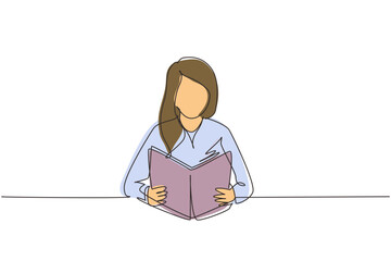 Poster - Single continuous line drawing girl reading book, education. Woman student sitting at desk to read literary work, story books and study, textbooks on table. One line draw design vector illustration