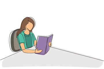 Poster - single one line drawing girl student sitting at table and holding book in hands. female reading a bo