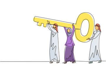 Poster - Single one line drawing Arabian business team holding and carrying big key to unlock the lock. Cooperative teamwork, collaborative business concept. Continuous line draw design vector illustration