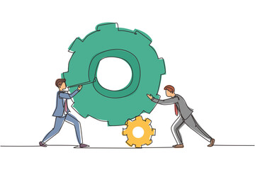 Poster - Single continuous line drawing two businessmen help each other pushing big cog. People push gear, team of business tech holding gear collaboration solution. One line draw design vector illustration