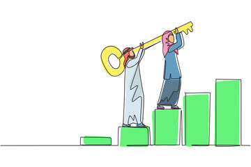 Poster - continuous one line drawing teamwork, key to success. unlock business solution. arab businessman and