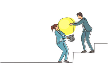 Poster - single continuous line drawing woman helping man to lifting light bulb at stairs. business idea, tea