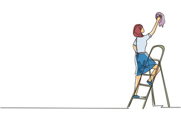 Poster - Continuous one line drawing window washer is cleaning window using squeegee. Housekeeping service. Woman cleaner standing on ladder and washing with sponge. Single line draw design vector illustration