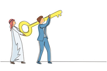 Poster - Single one line drawing two Arab businessman hold together key to open locked door. Knowledge can lead to success. People carrying big key to have access to place. Continuous line draw design vector