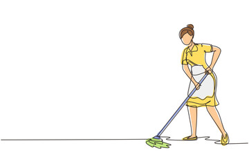 Wall Mural - Single continuous line drawing woman mopping floor in uniform. Girl cleaner janitor cleaning office. Cleaning service, hospital disinfection. Cleaning workers. One line draw design vector illustration